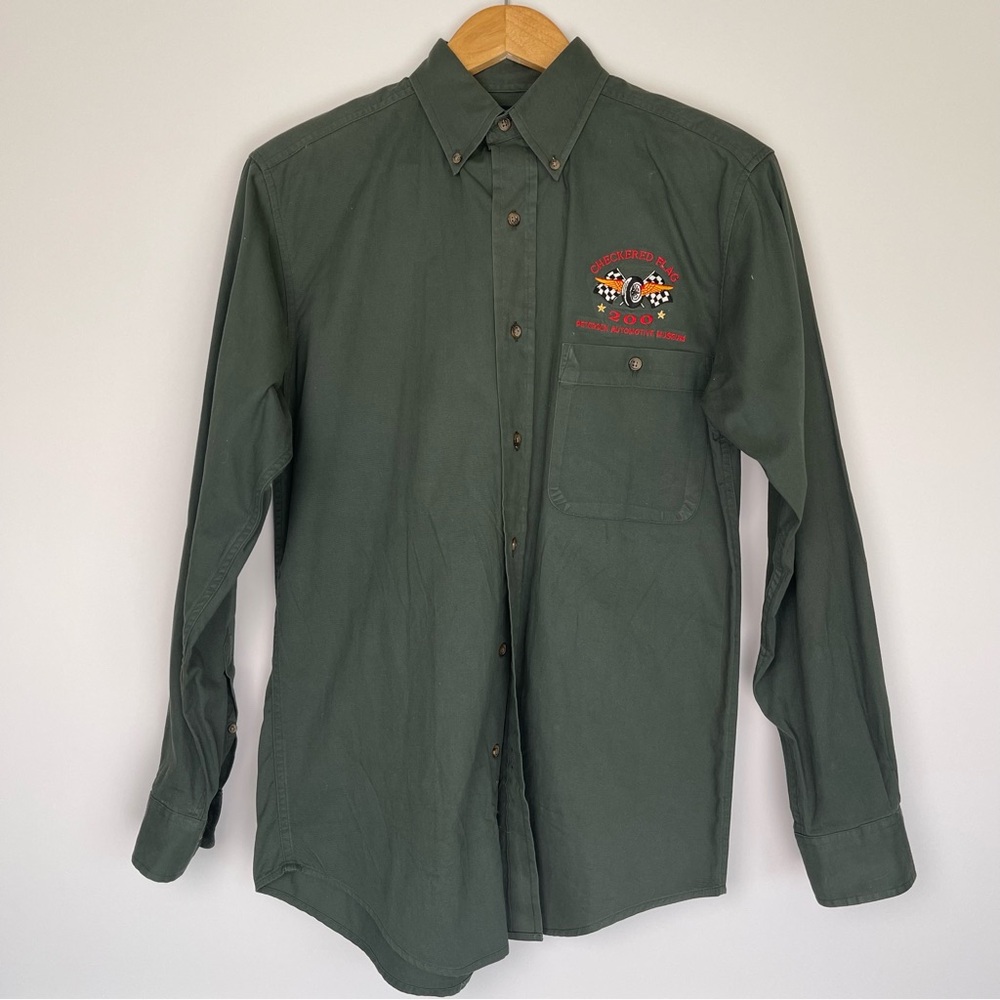 Men's Green Button-Up Shirt with Petersen Automotive Museum Embroidered logo